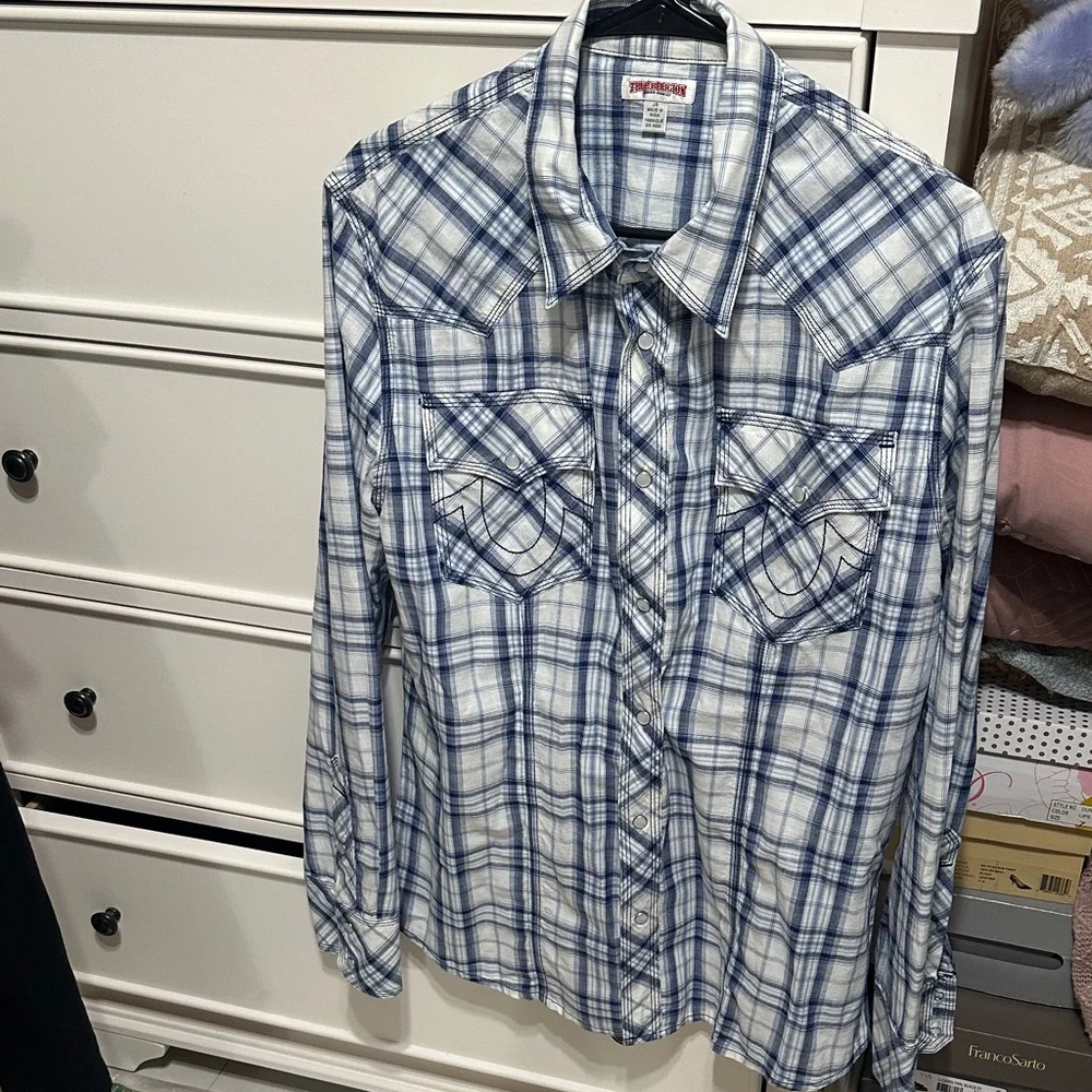 True Religion White and Blue Plaid Button-Down Shirt